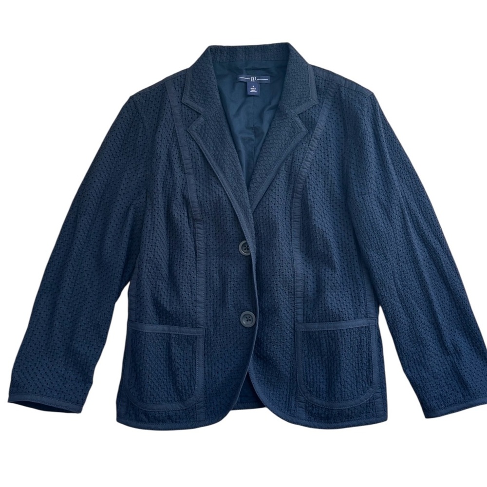 Gap Navy Blue Eyelet Blazer Button Jacket Cottage Coquette Nautical Y2K Vtg 00s